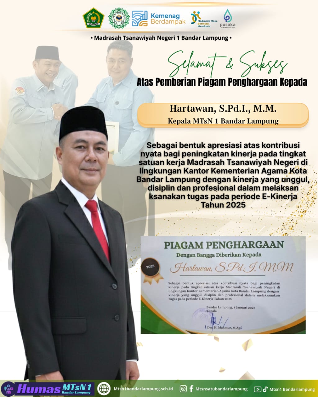 Kepala MTsN 1 Bandar Lampung Raih Penghargaan E-Kinerja 2025 dari Kemenag Kota